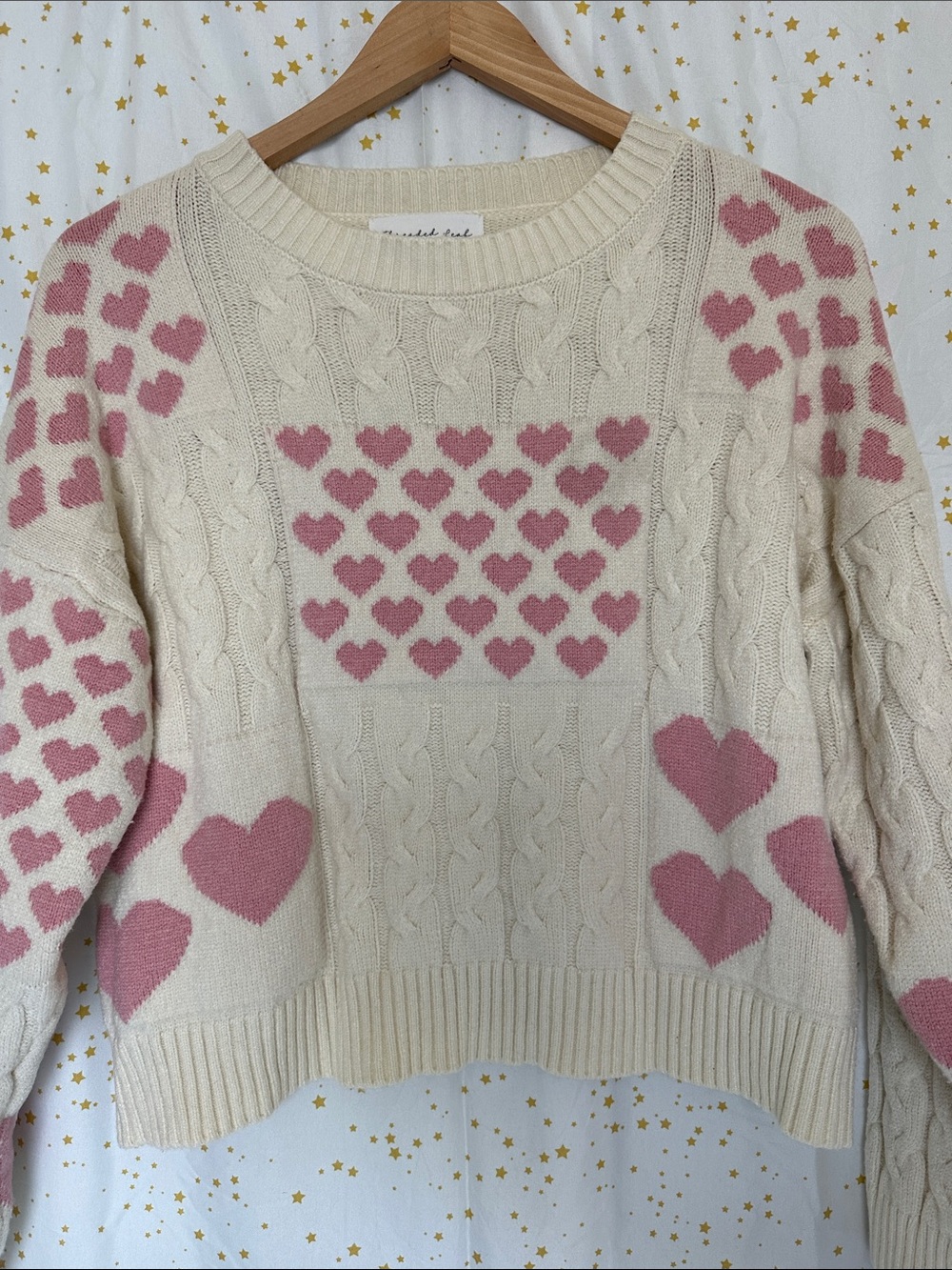 Cream Cable-Knit Crewneck Sweater with Pink Heart Pattern